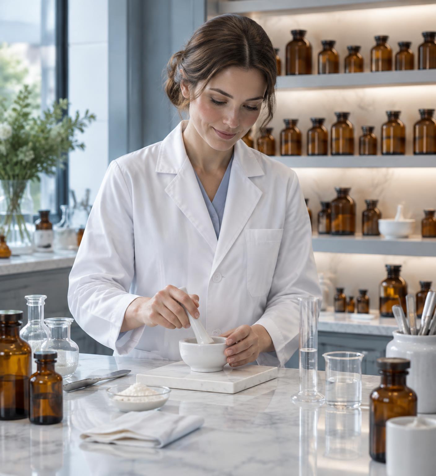 Pharmacist carefully compounding medication at a pharmacy counter