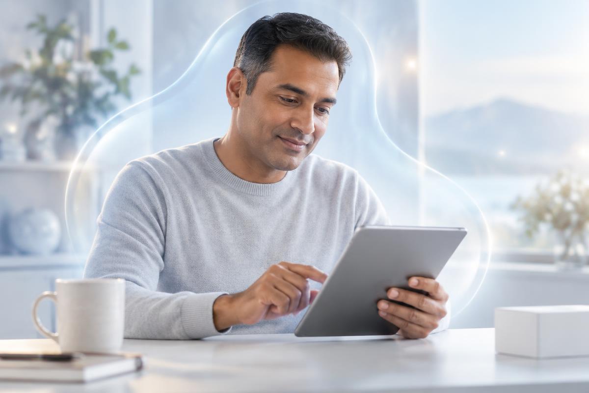 Person completing an intake on a tablet